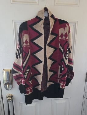 NWT-Aztec Knit Open-Front Cardigan Sweater - Burgundy & Cream